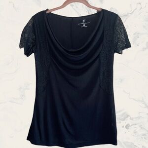 NY & C Black Lace trim short sleeve cowl neck top